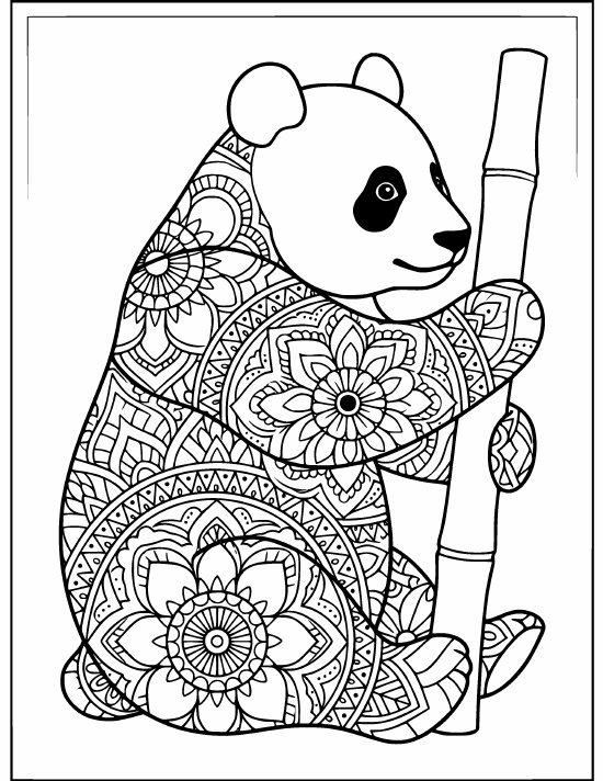 Sitting panda hugging a thick bamboo stalk, large concentric flower rings, mandala