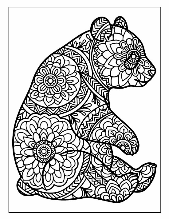 Upright sitting panda with no face, whole silhouette packed with bold medallions, coloring page