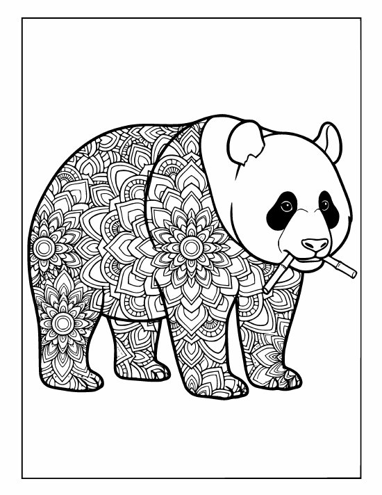 Standing panda nibbling bamboo, clear black eye patches, big flower medallions, mandala