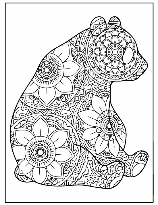 Sitting panda with no face, body and head covered in big mandala flowers, coloring sheet