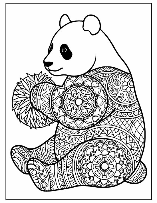 Sitting panda holding a round bundle of bamboo leaves, patterned body, mandala
