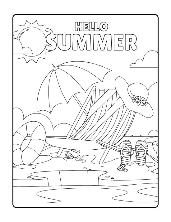 Beach scene with a deck chair umbrella sun hat and flip flops under the sun on a coloring page