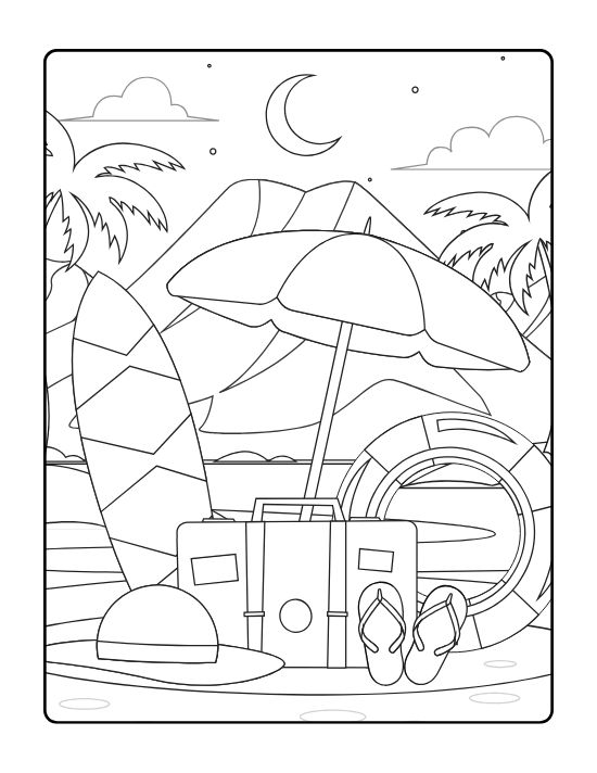 Beach umbrella surfboard suitcase and flip flops under a crescent moon on a coloring sheet