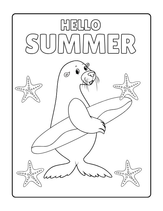 Happy seal holding a surfboard surrounded by starfish on a coloring page