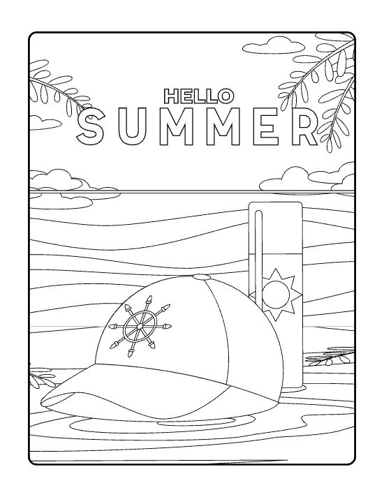 Baseball cap and sunscreen bottle resting near the water on a coloring sheet
