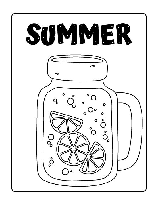 Mason jar mug of lemonade with floating lemon slices and bubbles on a coloring page