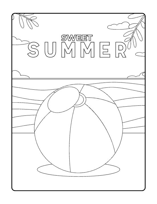 Striped beach ball resting on the sand below sweet summer lettering on a coloring sheet
