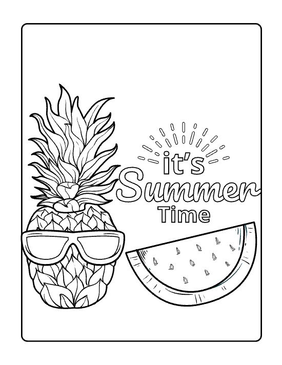 Pineapple wearing sunglasses beside a juicy watermelon slice on a coloring page