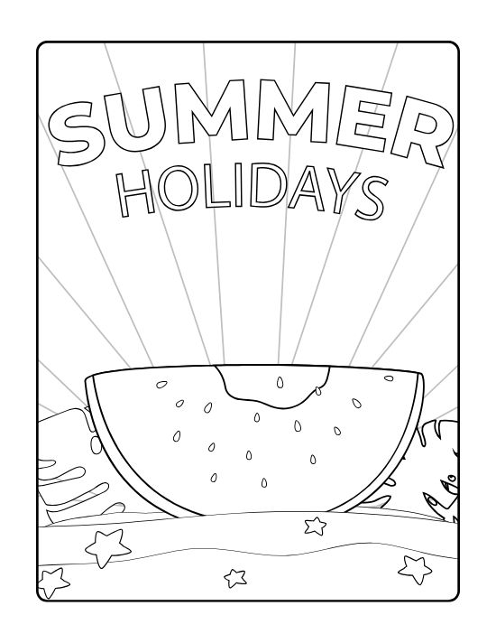 Big watermelon slice before a burst of sun rays with little stars on a coloring sheet