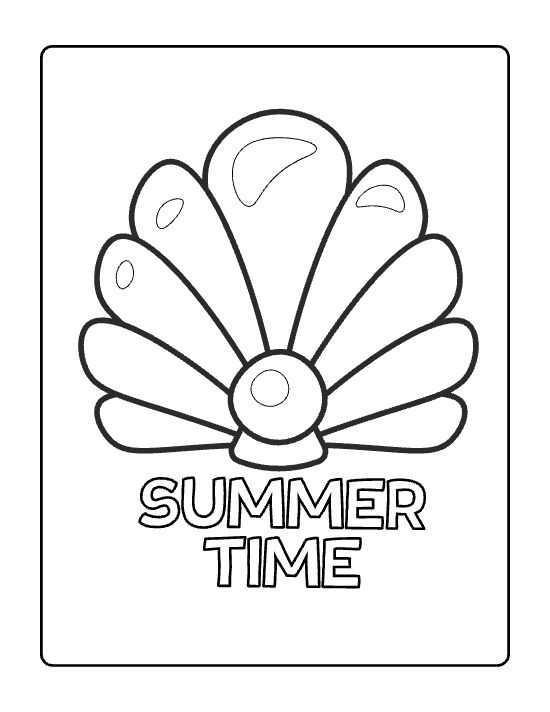 Large scalloped seashell holding a round pearl above summer time lettering drawn bold and easy