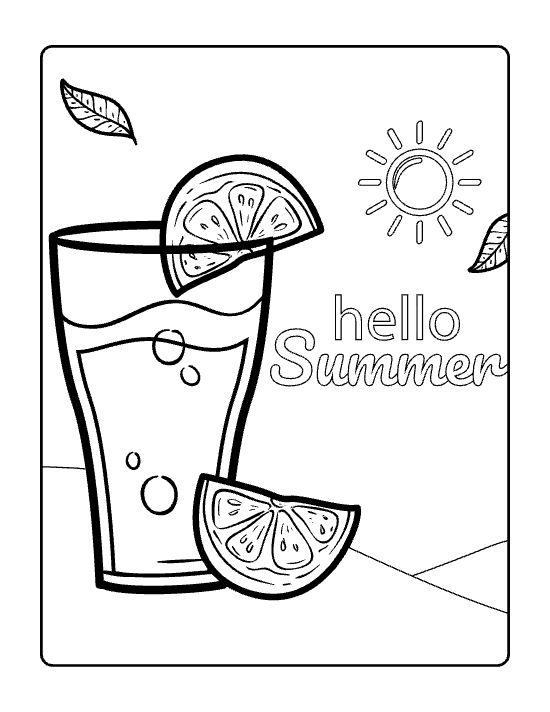Tall glass of lemonade topped with lime slices beside a small sun on a coloring page