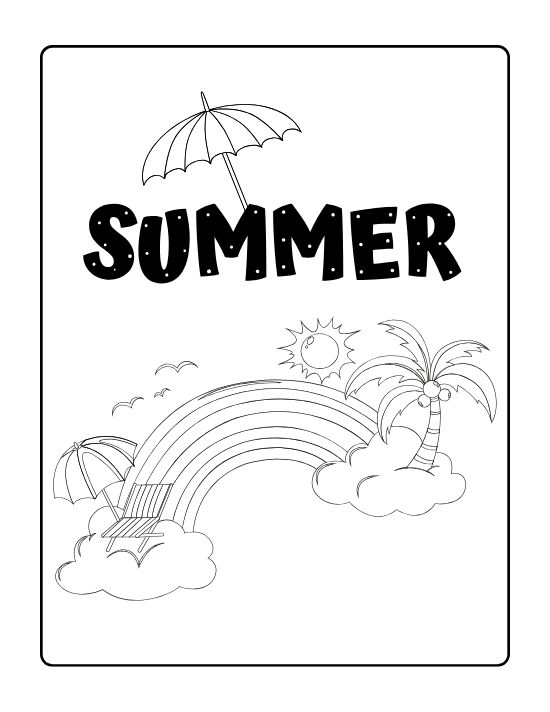 Rainbow arching over a palm tree clouds and a beach umbrella on a coloring sheet