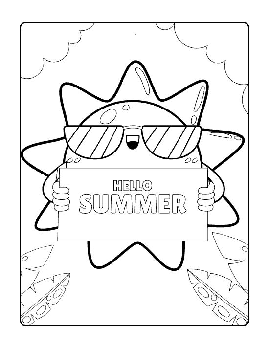 Smiling sun wearing sunglasses holding a hello summer sign with surfboards on a coloring page