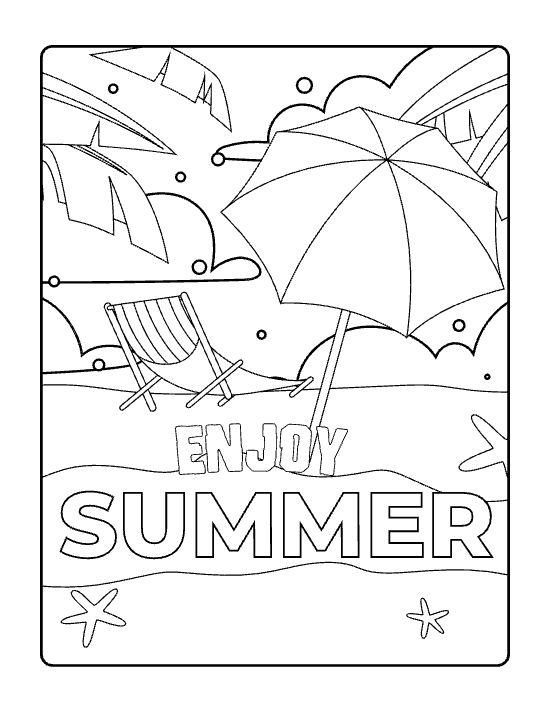 Beach with a deck chair and umbrella above enjoy summer lettering on a coloring page