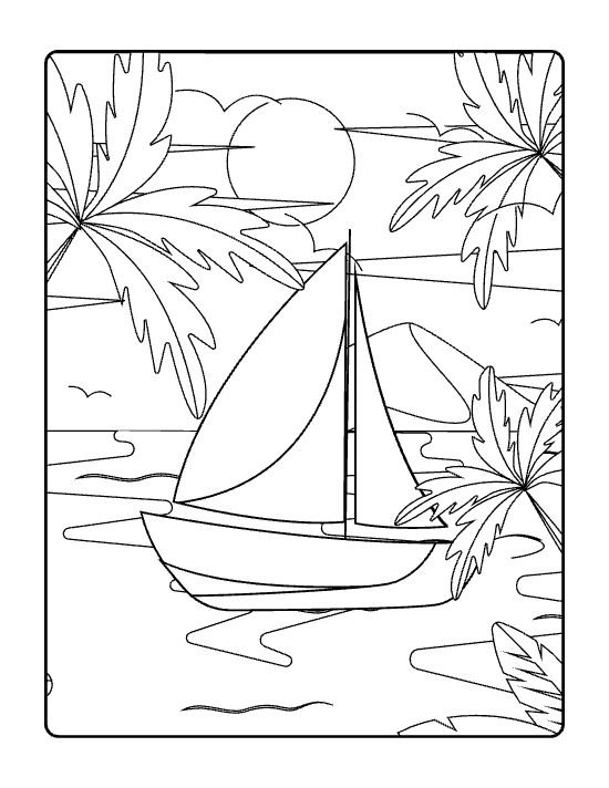Sailboat drifting on calm water among palm trees and a setting sun on a coloring sheet