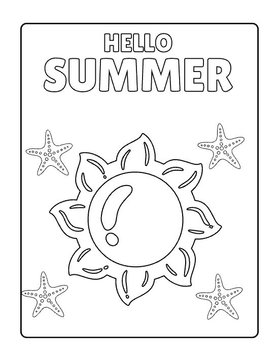Round smiling sun with rays surrounded by four starfish on a coloring page