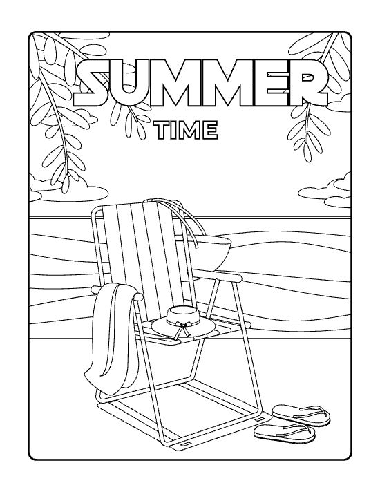 Folding beach chair with a towel hat and flip flops by the shore on a coloring sheet
