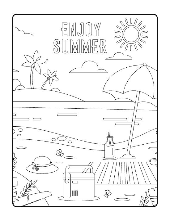 Beach umbrella cooler drink bottle and sun hat by the water on a coloring page
