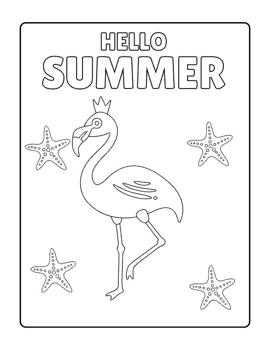 Flamingo wearing a little crown surrounded by four starfish on a coloring sheet