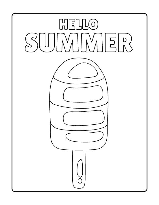 Tall striped ice popsicle on a stick below hello summer lettering drawn bold and easy