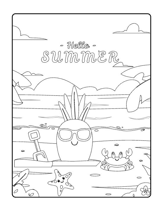 Pineapple in sunglasses on a beach with a crab starfish and sandcastle on a coloring page