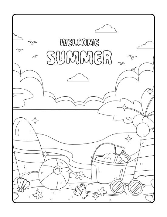 Surfboard beach ball sand bucket and sunglasses on the shore on a coloring page