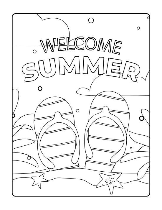 Pair of striped flip flops on the sand with starfish and seaweed on a coloring sheet