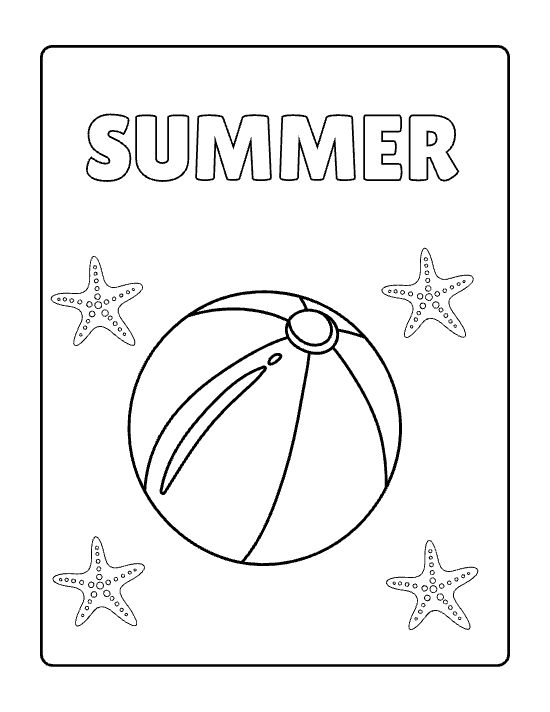 Striped beach ball surrounded by four dotted starfish drawn bold and easy