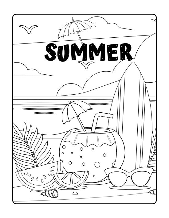 Coconut drink with a surfboard watermelon and sunglasses by the sea on a coloring page