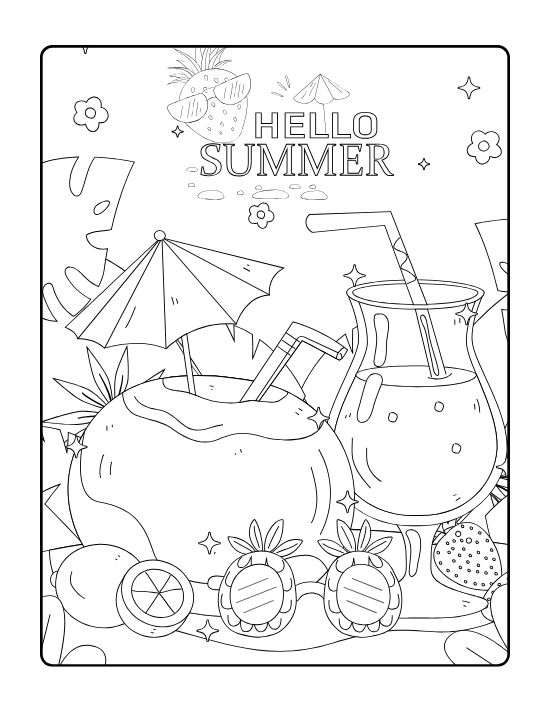 Coconut drink and tall juice glass with sunglasses among tropical leaves on a coloring page