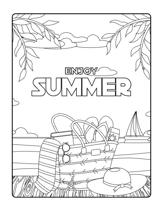 Beach bag with a hat sailboat and sunglasses resting on a dock on a coloring sheet