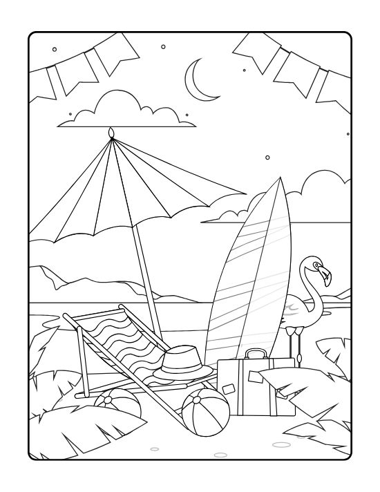 Deck chair umbrella surfboard and flamingo float on a beach at night on a coloring page