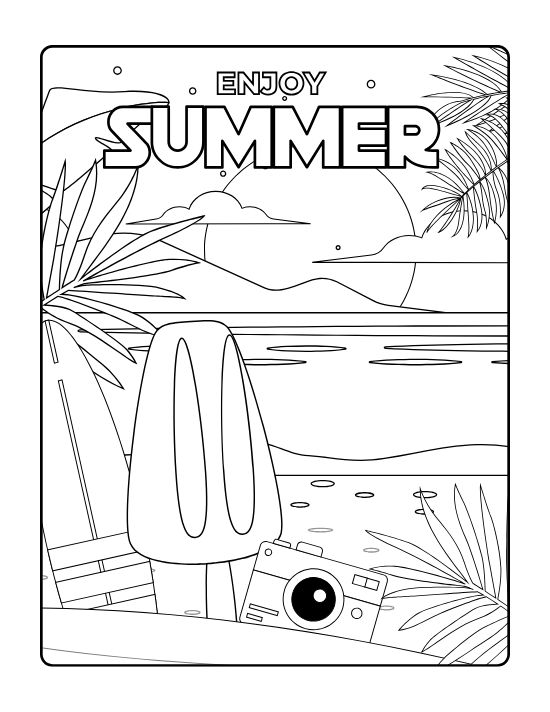 Sunset beach with a popsicle float and a camera among palm leaves on a coloring page