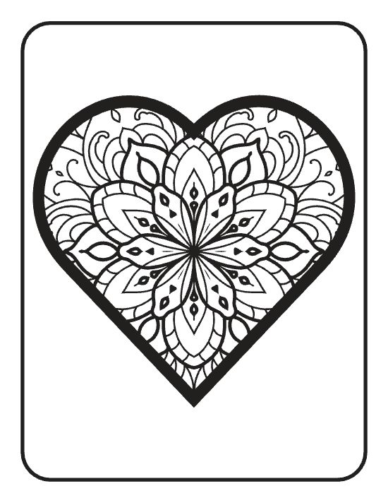 Heart shape filled with a symmetrical floral pattern and thick black outlines in a mandala.