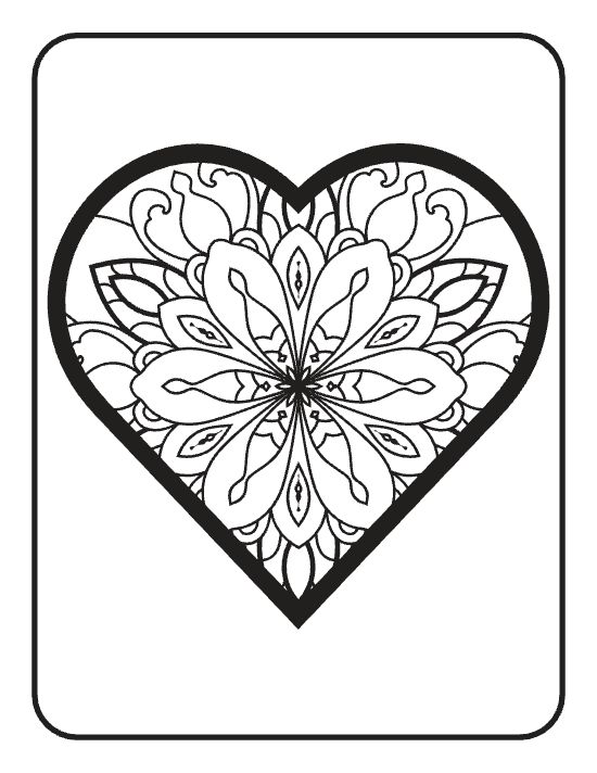 Ornate heart containing a floral mandala with symmetrical petals and thick black outlines for a coloring page.
