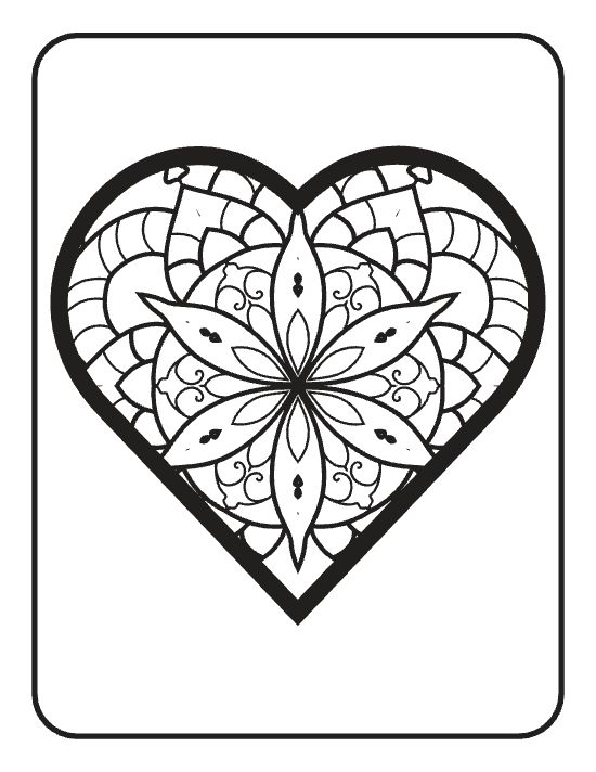 Heart shape containing a central floral motif and swirling geometric patterns in a symmetrical mandala.