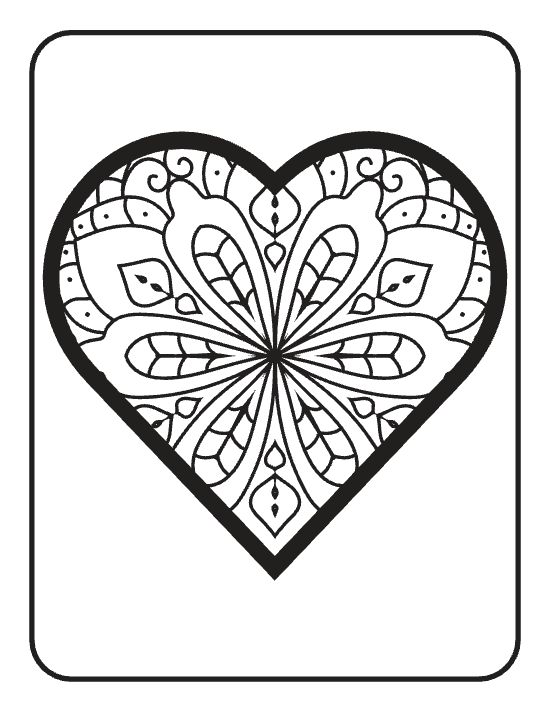 Heart shape filled with symmetrical floral patterns and swirling motifs in a bold and easy coloring page.