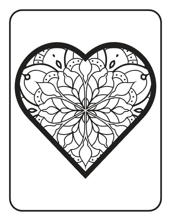 Ornate heart shape filled with symmetrical floral petals and geometric patterns in a detailed mandala.
