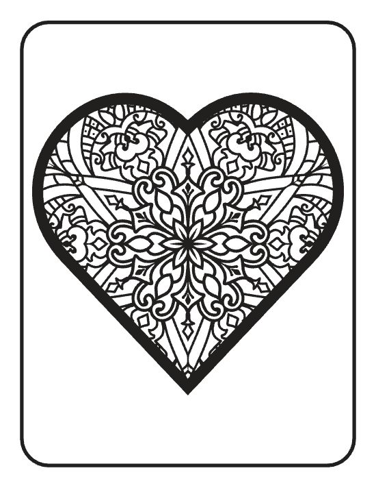 Large heart shape filled with symmetrical floral patterns and geometric motifs in a detailed mandala coloring page.