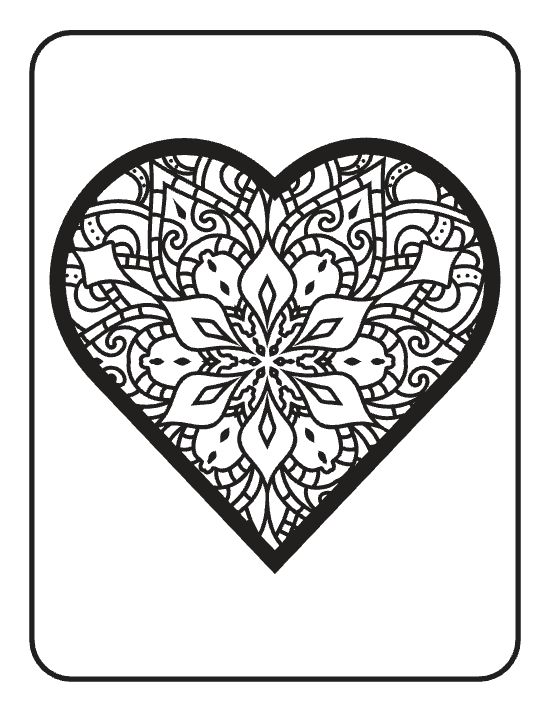 Heart shape filled with symmetrical floral patterns and swirling motifs in a detailed mandala coloring page.