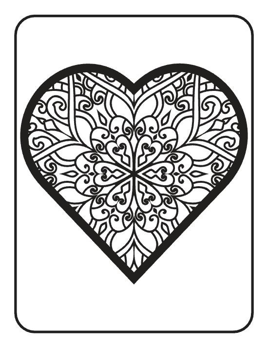 Large heart shape filled with symmetrical swirling motifs and floral patterns in a detailed mandala coloring page.