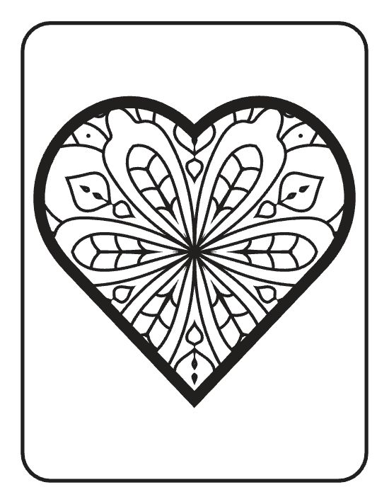Heart shape filled with symmetrical floral patterns and geometric lines in a bold and easy coloring page.