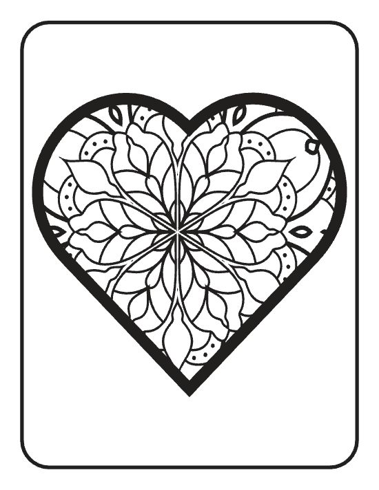 Large heart filled with symmetrical floral petals and dotted patterns in a detailed mandala coloring page.
