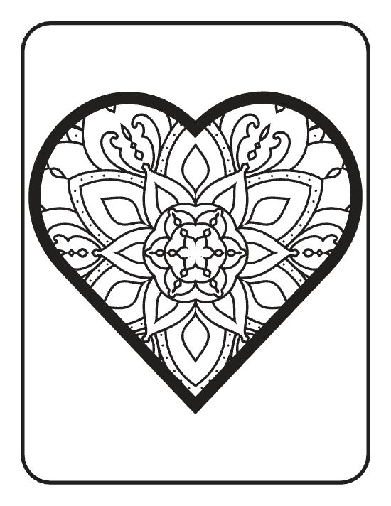 Heart shaped frame containing a symmetrical floral pattern with thick black outlines in a bold and easy coloring page.