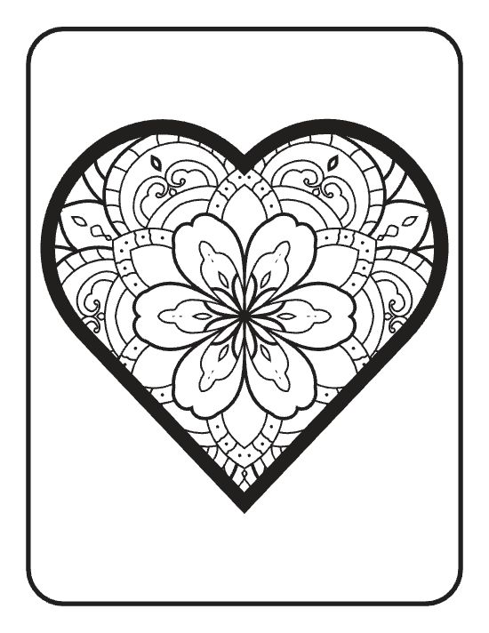 Large heart frame containing a floral mandala with symmetrical petals and swirling motifs coloring page