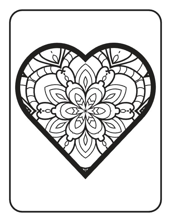 A centered heart shape filled with symmetrical floral patterns and thick outlines in a bold and easy mandala.