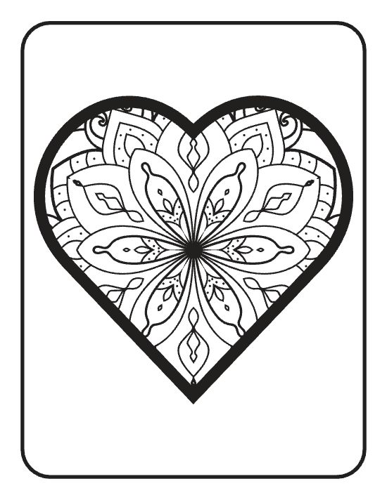 A large heart filled with symmetrical floral petals and geometric patterns in a detailed mandala.
