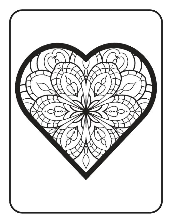 Heart silhouette filled with symmetrical floral patterns and geometric petals in a centered mandala coloring page