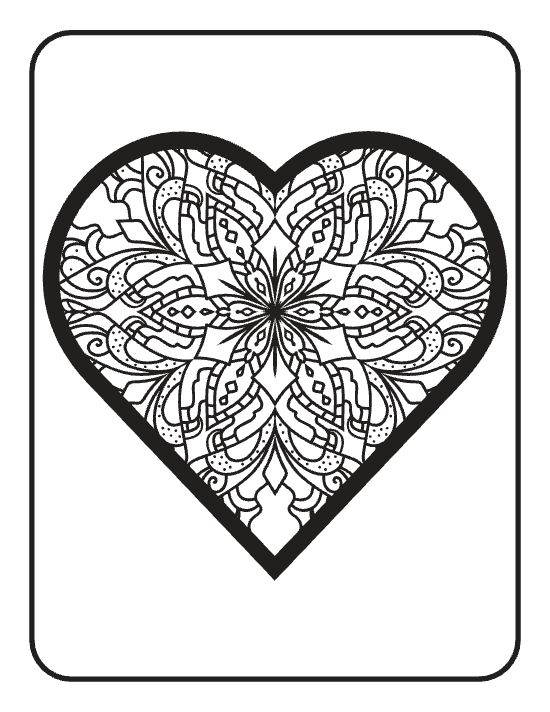 Heart shape filled with symmetrical geometric patterns and swirling floral motifs in a detailed mandala.