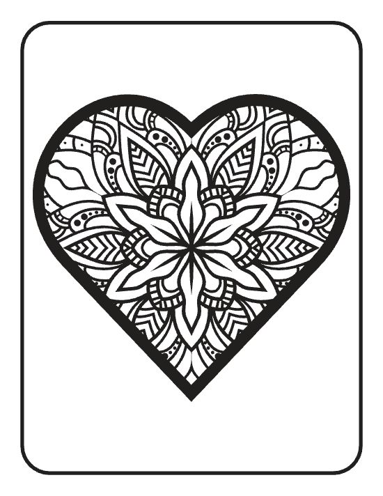 Heart shape filled with a symmetrical floral pattern and geometric motifs in a detailed mandala.